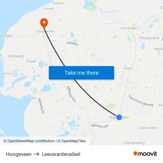 Hoogeveen to Leeuwarderadeel map