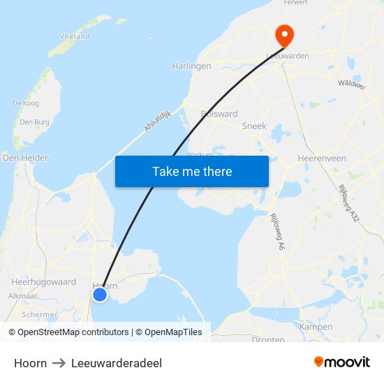 Hoorn to Leeuwarderadeel map