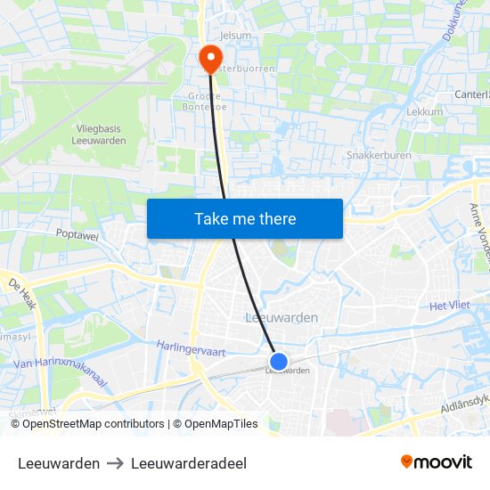 Leeuwarden to Leeuwarderadeel map