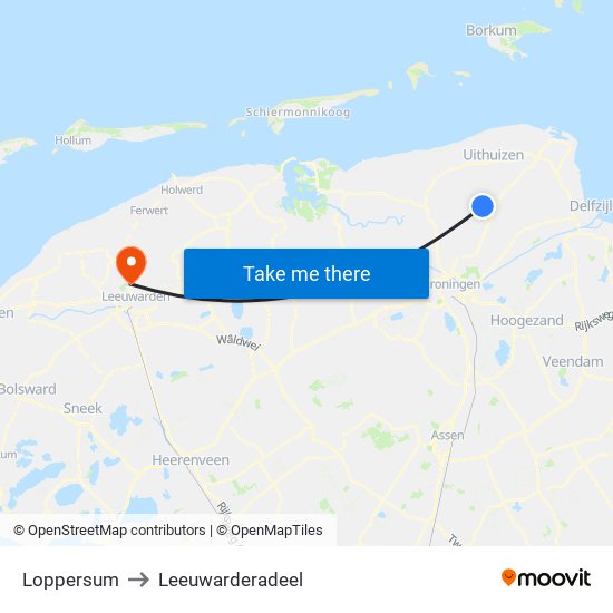 Loppersum to Leeuwarderadeel map
