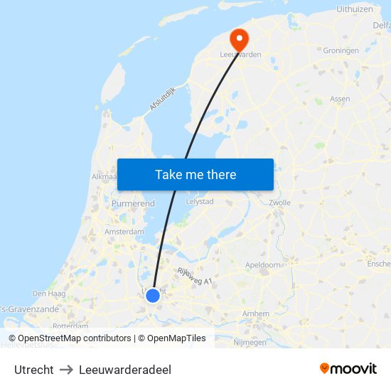 Utrecht to Leeuwarderadeel map