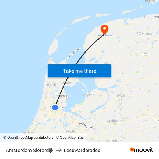 Amsterdam Sloterdijk to Leeuwarderadeel map