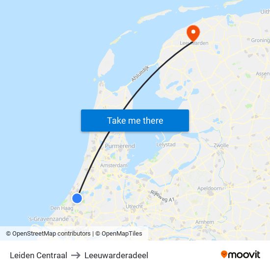 Leiden Centraal to Leeuwarderadeel map