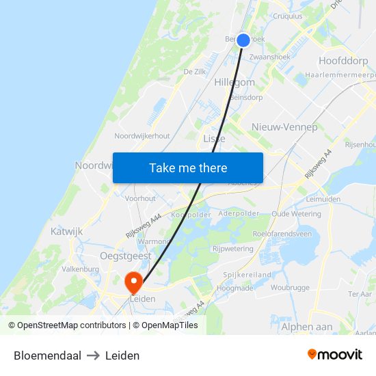 Bloemendaal to Leiden map