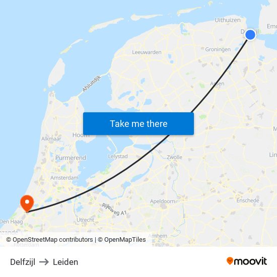 Delfzijl to Leiden map