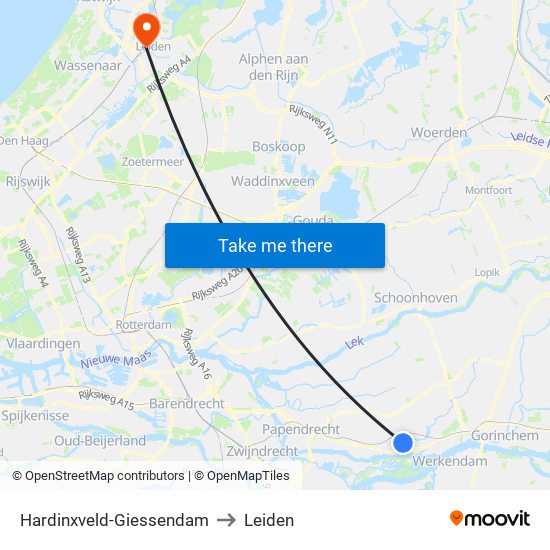 Hardinxveld-Giessendam to Leiden map