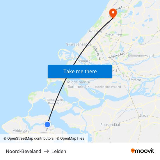 Noord-Beveland to Leiden map