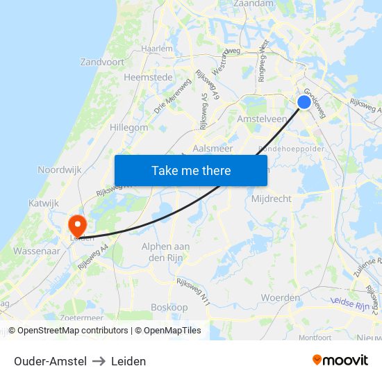Ouder-Amstel to Leiden map