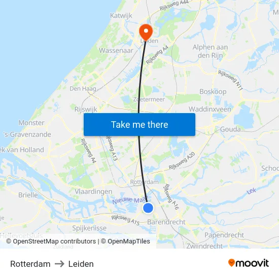 Rotterdam to Leiden map