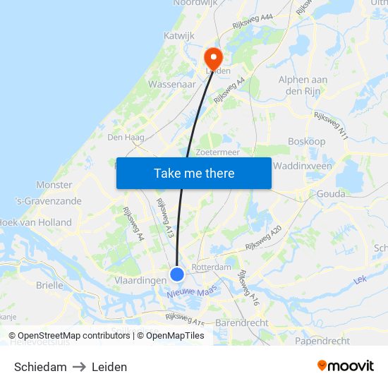 Schiedam to Leiden map