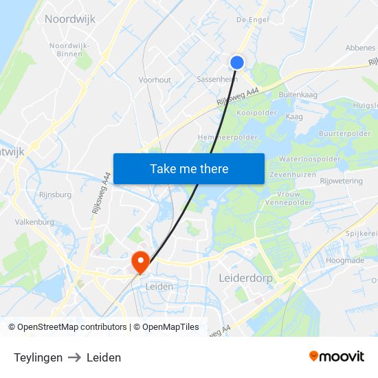 Teylingen to Leiden map