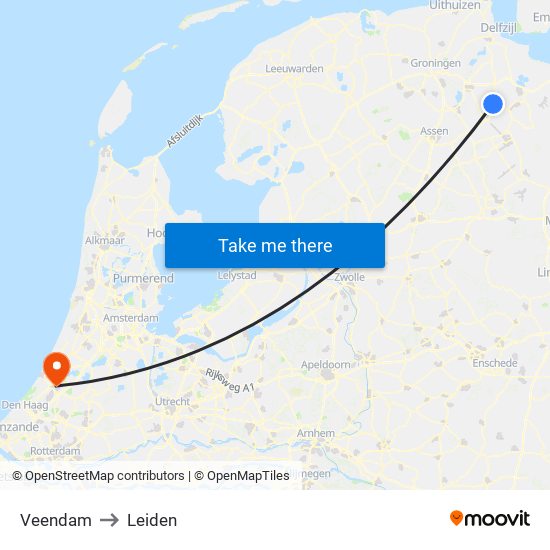 Veendam to Leiden map
