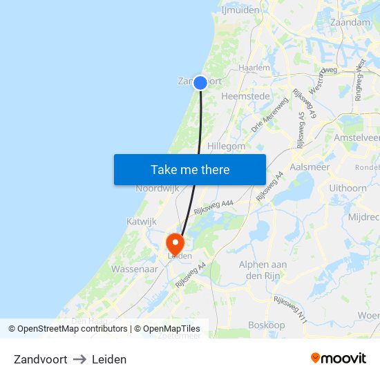 Zandvoort to Leiden map