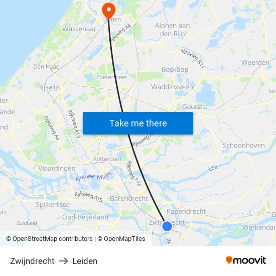 Zwijndrecht to Leiden map