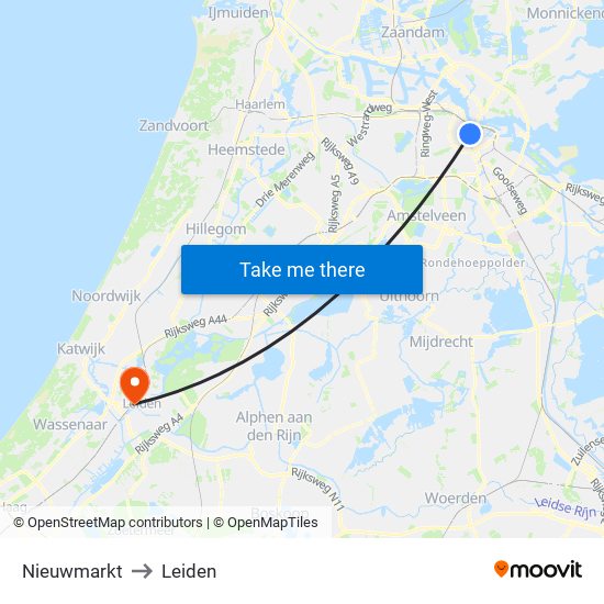 Nieuwmarkt to Leiden map
