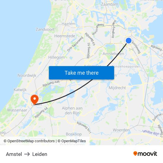 Amstel to Leiden map