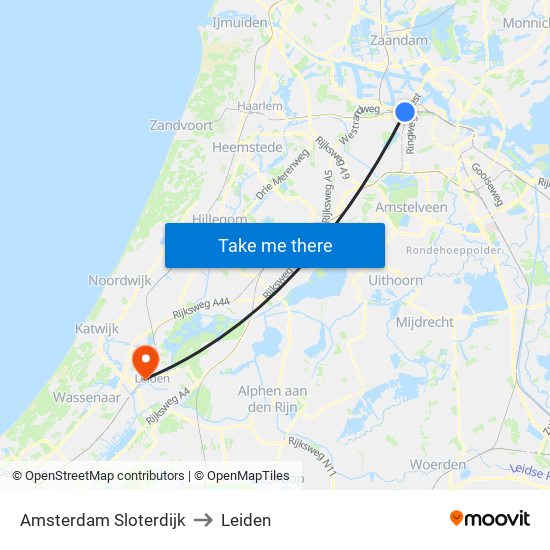 Amsterdam Sloterdijk to Leiden map