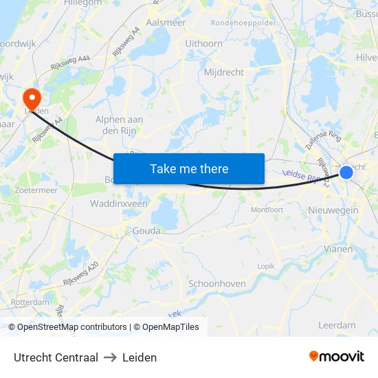 Utrecht Centraal to Leiden map