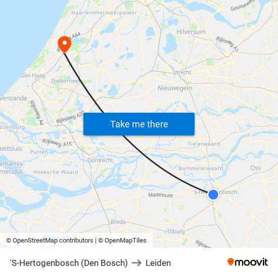 'S-Hertogenbosch (Den Bosch) to Leiden map