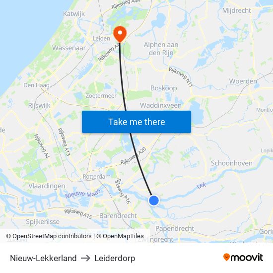 Nieuw-Lekkerland to Leiderdorp map