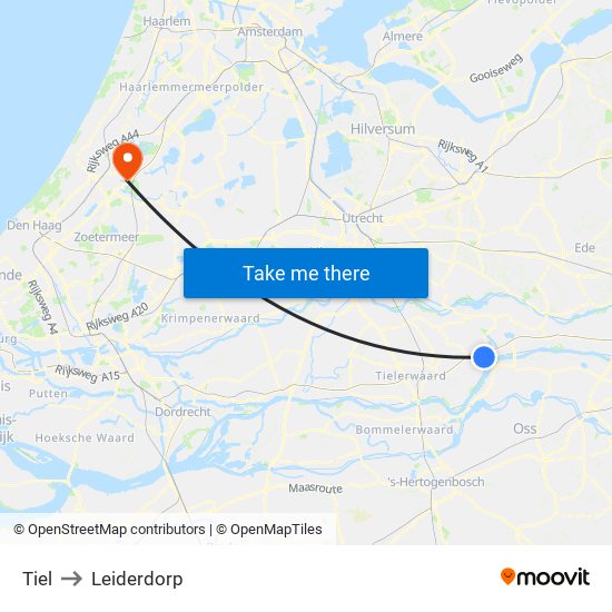 Tiel to Leiderdorp map