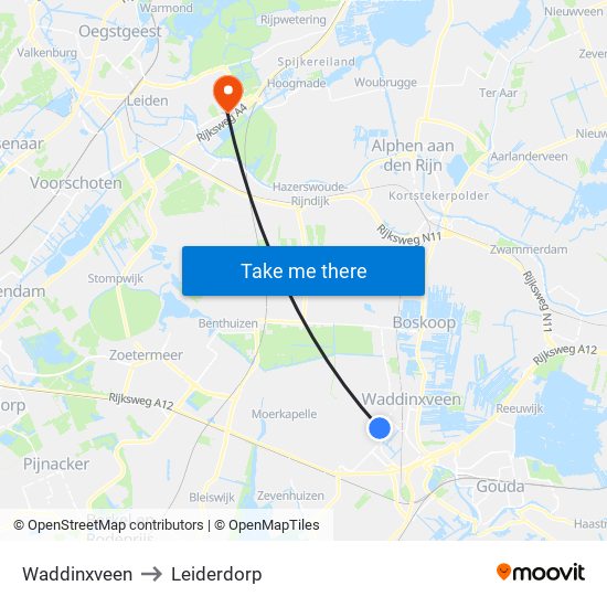 Waddinxveen to Leiderdorp map