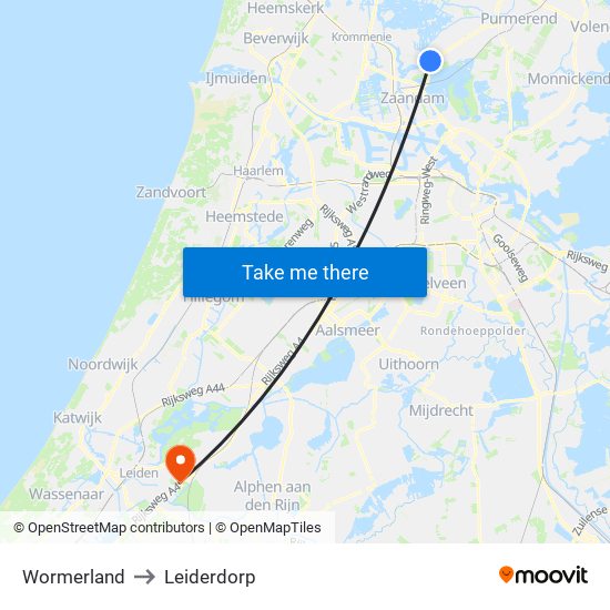 Wormerland to Leiderdorp map