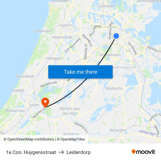 1e Con. Huygensstraat to Leiderdorp map