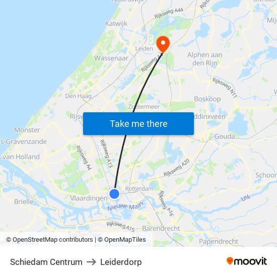 Schiedam Centrum to Leiderdorp map