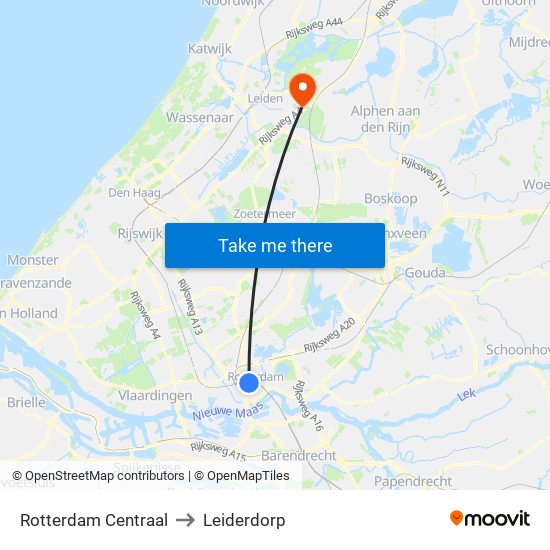 Rotterdam Centraal to Leiderdorp map