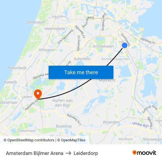 Amsterdam Bijlmer Arena to Leiderdorp map