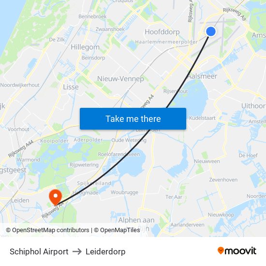 Schiphol Airport to Leiderdorp map