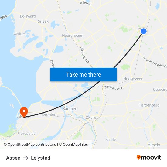 Assen to Lelystad map