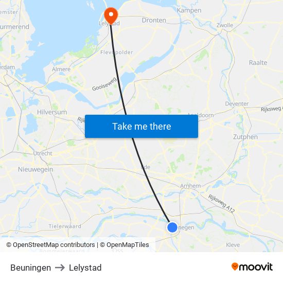 Beuningen to Lelystad map