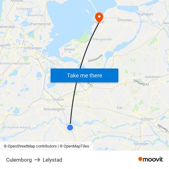 Culemborg to Lelystad map