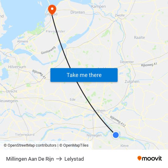 Millingen Aan De Rijn to Lelystad map