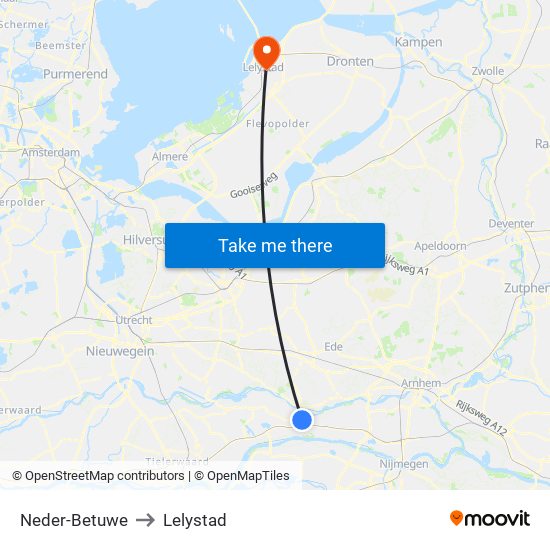 Neder-Betuwe to Lelystad map