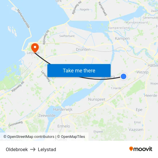 Oldebroek to Lelystad map