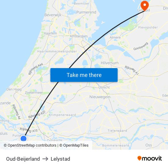 Oud-Beijerland to Lelystad map