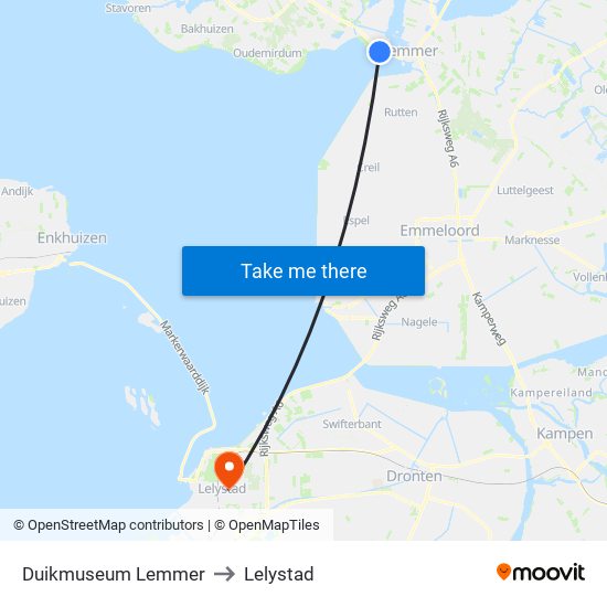 Duikmuseum Lemmer to Lelystad map