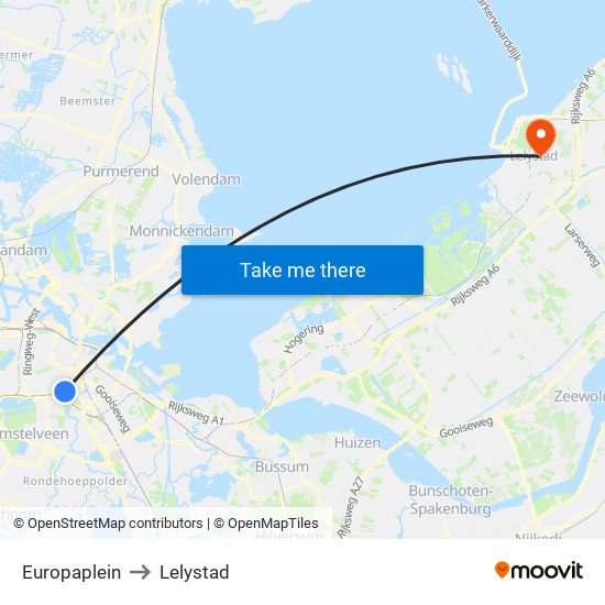 Europaplein to Lelystad map