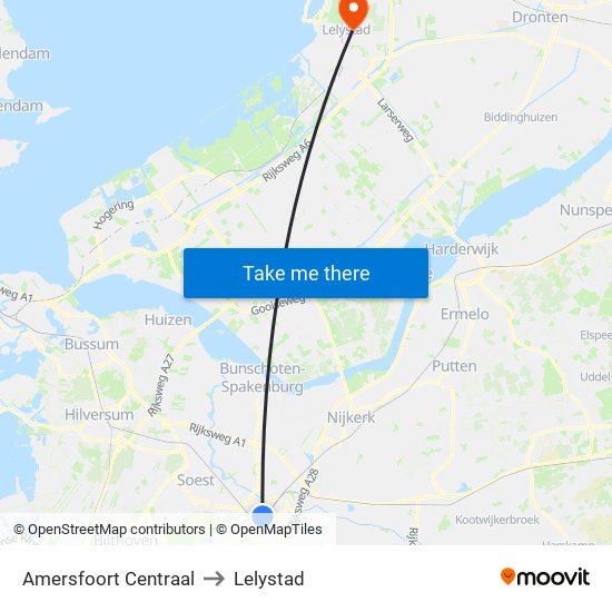 Amersfoort Centraal to Lelystad map