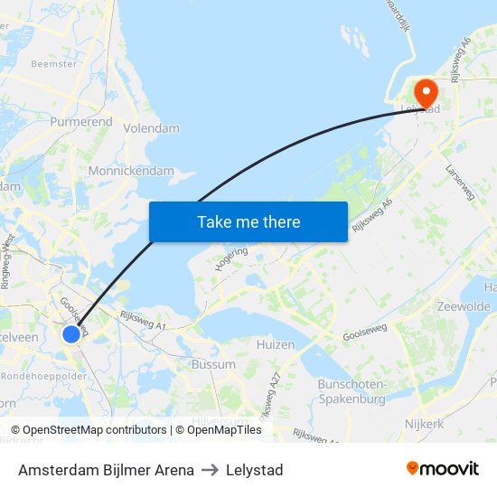 Amsterdam Bijlmer Arena to Lelystad map