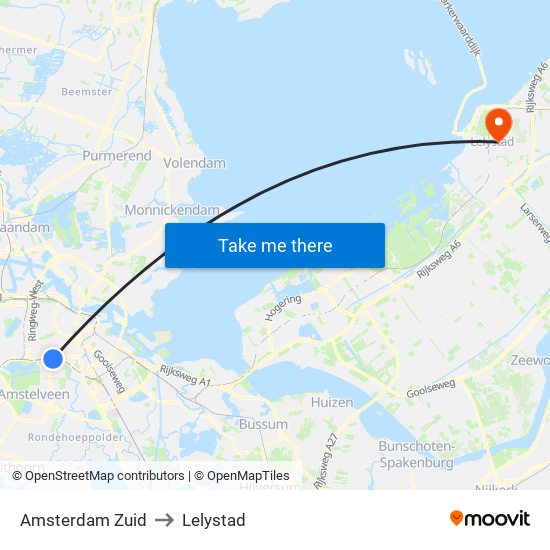 Amsterdam Zuid to Lelystad map