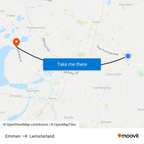 Emmen to Lemsterland map