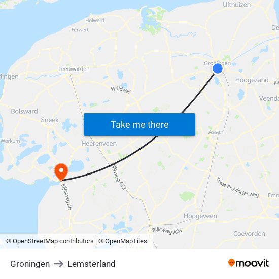 Groningen to Lemsterland map