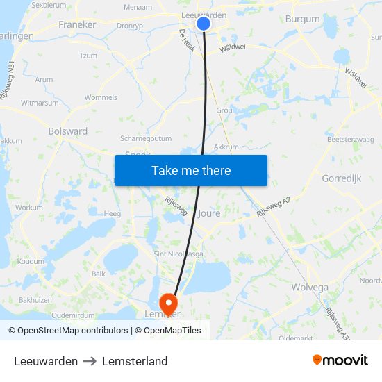 Leeuwarden to Lemsterland map