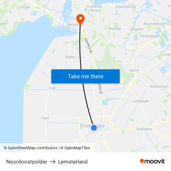 Noordoostpolder to Lemsterland map