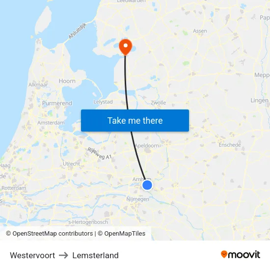 Westervoort to Lemsterland map