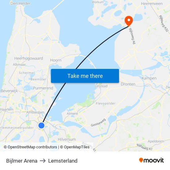 Bijlmer Arena to Lemsterland map